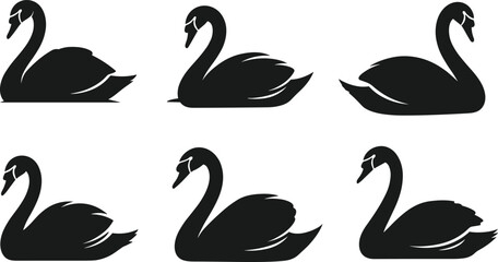 Black swan silhouette collection, elegant bird vector design, graceful animal illustration, minimalist wildlife art, decorative swan icons, stylish nature graphics