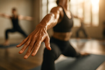 Intense Warrior II Pose: Focused Yoga Practice in a Studio Setting