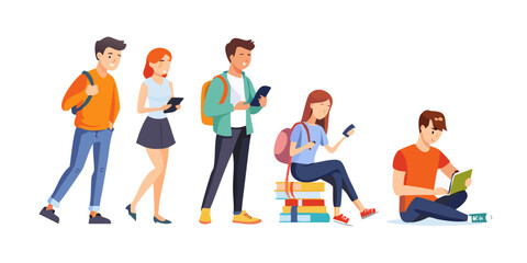 University student set isolated cartoon people. Vector young man and woman reads books, walk with smartphone, sit and talk. Communicating teenagers, first year college students, smart guys .vector ic

