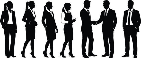 Business professionals, corporate teamwork, office attire, handshake, leadership, diversity, collaboration, career success, formal dress, workplace interaction, silhouette concept