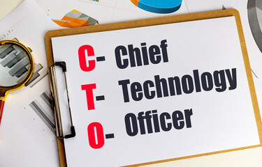 CTO on paper with charts, magnifying glass and calculator