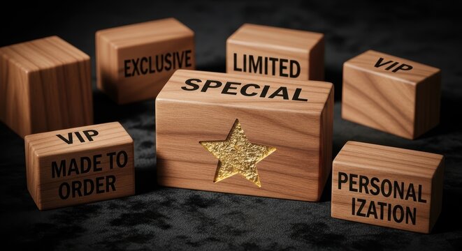 Premium VIP Cube Concept Exclusive Wooden Product, Golden Star Icon, Limited Edition Offering for Discerning Clients with BestinClass Customer Service.