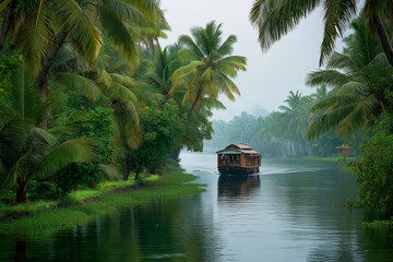 Monsoon season in Kerala with lush greenery, a traditional houseboat on the backwaters and distant temple