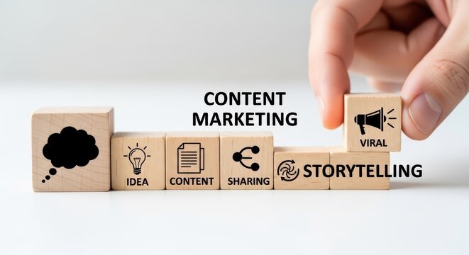 Business Strategist Illustrating Content Marketing Virality through Wooden Visualization at Modern Office Space, Ideal for Corporate Websites and Presentations.