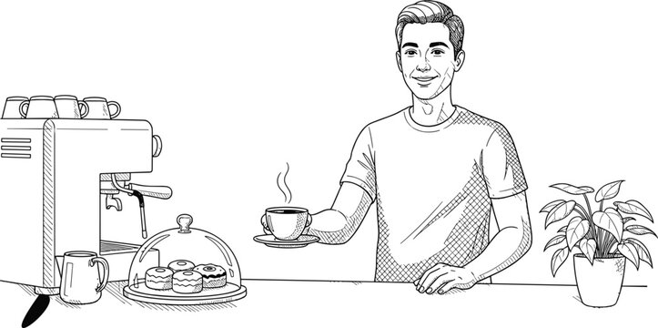 Café barista serving hot coffee, smiling waiter behind counter, modern coffee shop interior, pastries on display, cozy café atmosphere, hospitality service