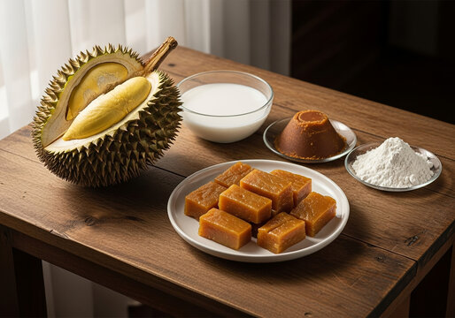Raw ingredients for durian dodol (sticky sweet): durian fruit, milk, palm sugar, and flour displayed on a rustic wooden table.