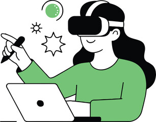 A woman with vr headset using a stylus and laptop with abstract shapes around her in a minimalist style