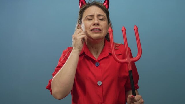 Woman in red shirt wearing devil horns holds a red trident and clasps her ear in a pain gesture in a studio setting; pain.