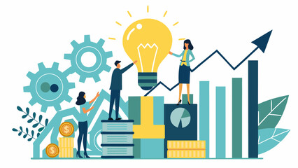 Business team collaborates on innovative ideas and financial growth with gears lightbulb and charts