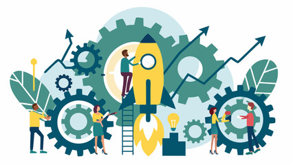 Teamwork and collaboration driving business growth and innovation with a rocket launch symbolizing success