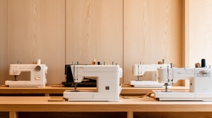 Modern sewing machines lined up on a wooden table in a bright, minimalist workshop setting
