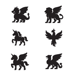 Simple Black Silhouette Mythological Creatures with Wings Icon Illustration Set