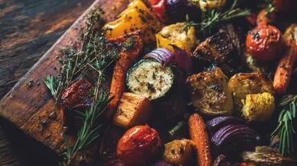 Rustic roasted vegetables with herbs on wooden board