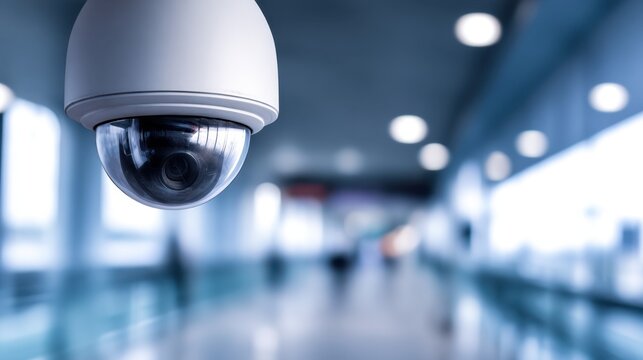 Surveillance camera monitoring a busy airport terminal with blurred travelers and modern architecture in background