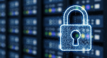 Cyber security data protection concept with digital padlock and server room