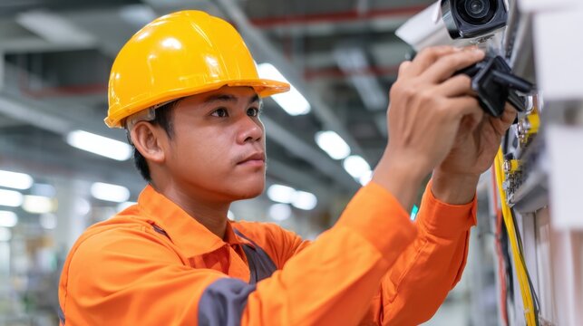 Worker in safety gear installs security camera in modern industrial facility with machinery in background