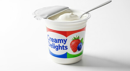 Creamy delights yogurt cup with spoon healthy snack food dairy product shot