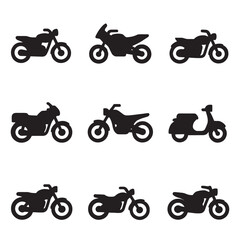 Simple Black Silhouette Different Motorcycle Style Type Icon Set Collection