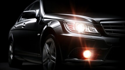 Fototapeta premium Sleek Black Car with Bright Headlights in Dark Environment