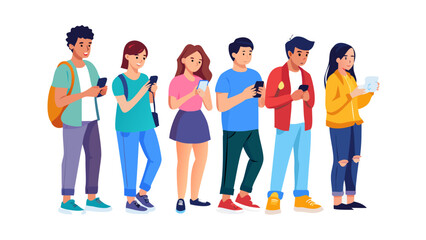 Group of diverse teenagers using smartphones for social media. Friends texting and chatting online. Generation Z communication concept with mobile phones. Vector cartoon illustration. vector icon
