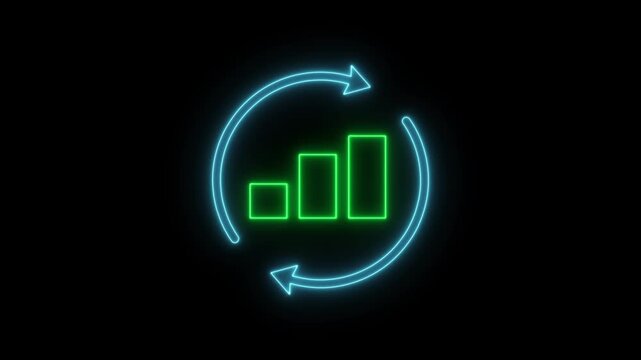 Rotating arrow with growing bar graph rising up animation. Business Cycle and Business Analysis and Processing icon concept.