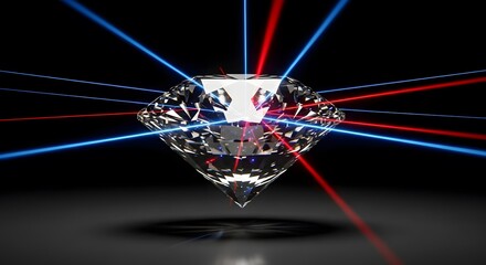 Diamond light rays show a brilliant gemstone with red and blue beams against a dark background