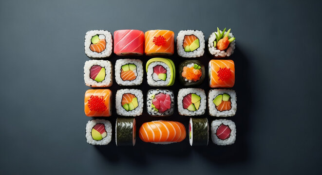 Delicious sushi rolls platter assortment japanese cuisine food photography