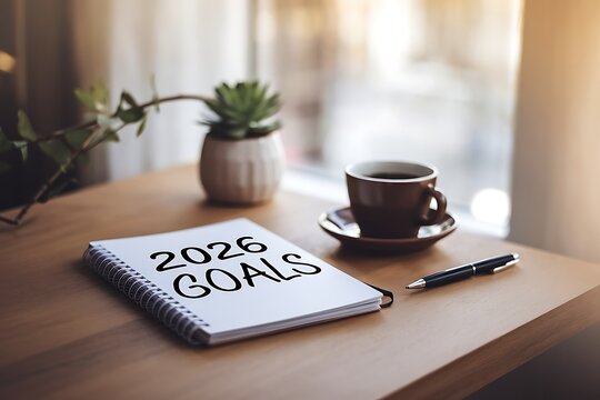 A Workspace with a Notebook displaying "2026 Goals," a cup of coffee, and a succulent plant, suggesting planning for the future with productivity and focus.