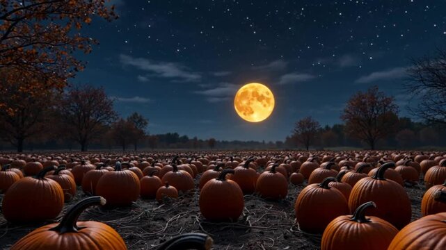 A large orange harvest moon illuminates a pumpkin field beneath a starry night sky, with rich autumnal colors filling the scene.