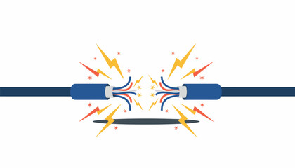 A network cable severed in two with sparks symbolizing the risks of unauthorized access and the need for physical security.