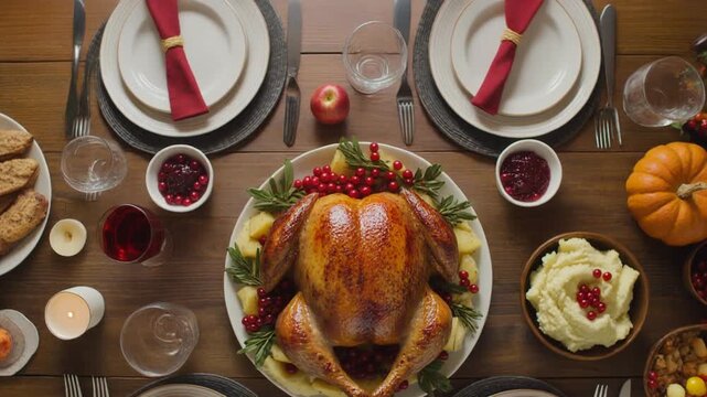 Cinematic overhead shot of Thanksgiving dinner table with roasted turkey. Holiday food, family feast, and celebratory eating concept.