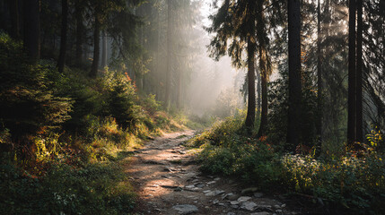 Obraz premium Sunlight breaks through trees on a misty forest trail