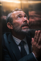 Middle-aged man in elevator having panic attack, pressing emergency button, claustrophobic atmosphere