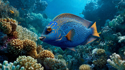 Colorful fish swimming through vibrant coral reef in clear water