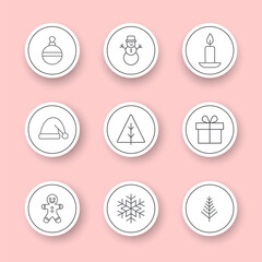 A set of flat vector Christmas icons, holiday symbols: Santa hat, candle, gift, Christmas tree, ball, snowflake, snowman, gingerbread man. Isolated outline Christmas stickers on a white background