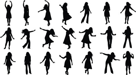 Dance silhouette collection, expressive human poses, black figure movement, choreography reference, gesture study, isolated white background, artistic motion