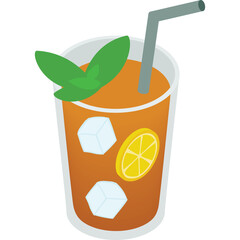 Iced tea with lemon and mint ice cubes and straw in a clear glass with a transparent background showing a refreshing summer beverage perfect for hot days and relaxation.