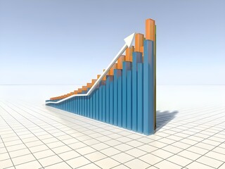 A 3D bar graph on a grid showing a steady upward trend with a white arrow indicating growth and success.