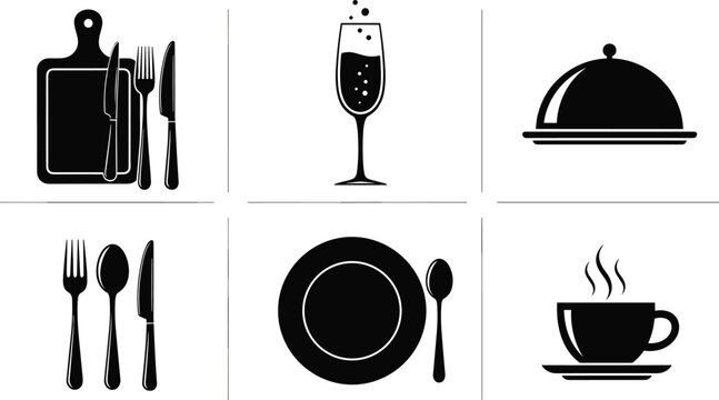 Dining icons, food service symbols, restaurant utensils, champagne glass, cloche dome, coffee cup, plate, spoon, fork, knife, catering, hospitality, beverage, meal, drink, kitchen, cooking, serving