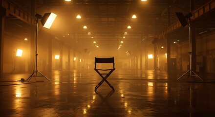 Director's chair in a dramatic, empty film studio with warm and cool lighting, a movie set with warm lighting, cinematic mood, creative space, and professional production atmosphere