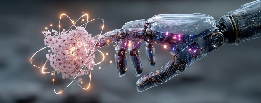 Robotic hand offering a glowing pink flower with neon atomic orbit art and futuristic technology