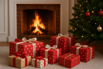 Red gift boxes near a fireplace in the house, holiday, Christmas, decoration, photo background, template, empty space for text