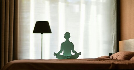Fototapeta premium Silhouette depicts person meditating. Bedroom scene features lamp, curtains, bed. Peaceful, calm atmosphere present.