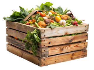  A Rustic Wooden Compost Bin Overflowing With Kitchen Scraps and Green Waste isolated on white  background,PNG. AI Generated