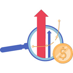 Magnifying Glass Over Growing Red and Blue Bar Chart with Upward Trend Arrows and Golden Coin Symbol on Transparent Background