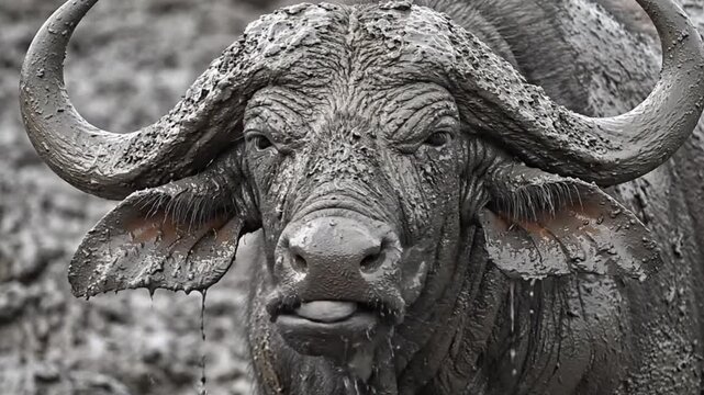 Close up of wild water buffalo covered in thick mud standing in swamp showing powerful horns and animal wildlife behavior in natural habitat