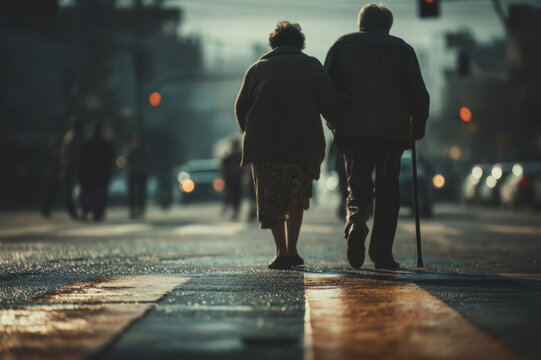 Elderly Couple Walking Across City Street Holding Hands With Walking Cane At Dusk