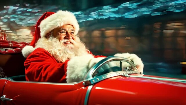 A cheerful and cunning Santa with a charming smile. Christmas Eve, magic and witchcraft. Santa's fun Christmas ride in the RED FAIRY TALE CAR