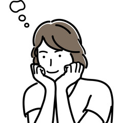 Line Drawing of a Thoughtful Woman with Brown Hair Resting Her Chin on Her Hands with Thought Bubbles Above Her Head White Background