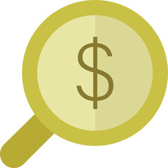 Magnifying glass over a dollar sign representing financial search and analysis isolated on a transparent background with a simple flat design